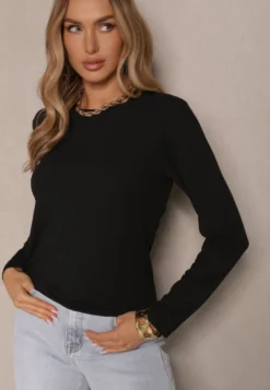 Czarna Klasyczna Bluzka Longsleeve z Wiskozy Lealindra