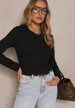 Czarna Klasyczna Bluzka Longsleeve z Wiskozy Lealindra