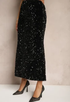 Czarna Koktajlowa Spódnica High Waist w Cekiny Melimi