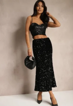Czarna Koktajlowa Spódnica High Waist w Cekiny Melimi