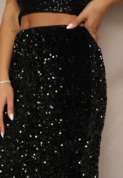 Czarna Koktajlowa Spódnica High Waist w Cekiny Melimi