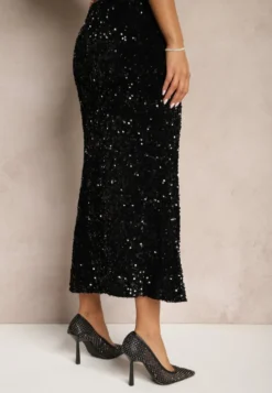 Czarna Koktajlowa Spódnica High Waist w Cekiny Melimi