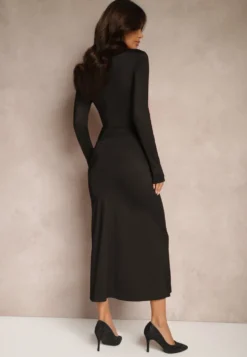 Czarna Koktajlowa Sukienka z Ozdobnym Wycięciem i Wiązaniem Vamicea