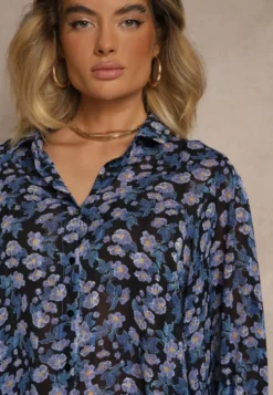 Czarna Koszula o Klasycznym Kroju w Kwiatowy Wzór Divliana