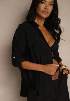 Czarna Koszula Oversize z Lnu i Wiskozy Zdobiona Aplikacjami z Kwiatami Varreia
