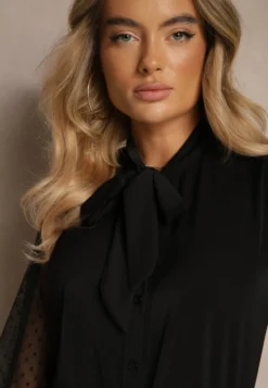 Czarna Koszula Ozdobiona Wiązaniem i Transparentnymi Rękawami Aennora