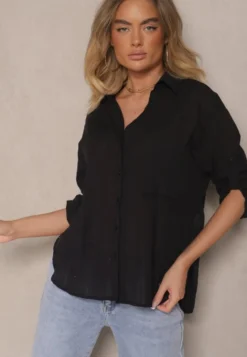 Czarna Koszula w Paski z Bawełny z Jedną Kieszonką Liasene