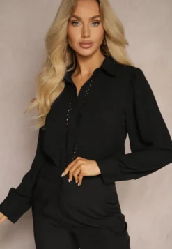 Czarna Koszula z Eleganckimi Ażurowymi Wstawkami Meristas