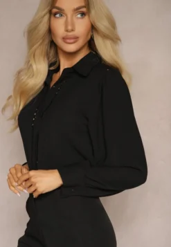 Czarna Koszula z Eleganckimi Ażurowymi Wstawkami Meristas