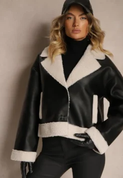 Czarna Kurtka Biker w Stylu Ramoneski z Futrzanym Ociepleniem Nikinia
