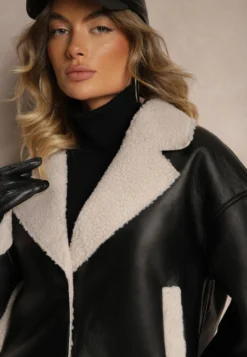Czarna Kurtka Biker w Stylu Ramoneski z Futrzanym Ociepleniem Nikinia