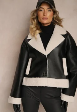 Czarna Kurtka Biker w Stylu Ramoneski z Futrzanym Ociepleniem Nikinia