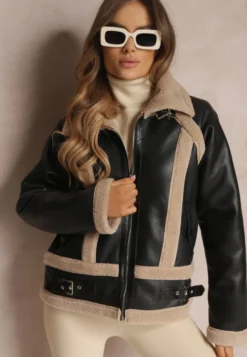 Czarna Kurtka Biker z Imitacji Skóry i Kożuszkiem Nilos