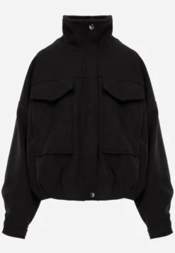 Czarna Kurtka Przejściowa Bomber Jacket ze Stójką z Tkaniny Flauszowej z Wiskozą Havenitta