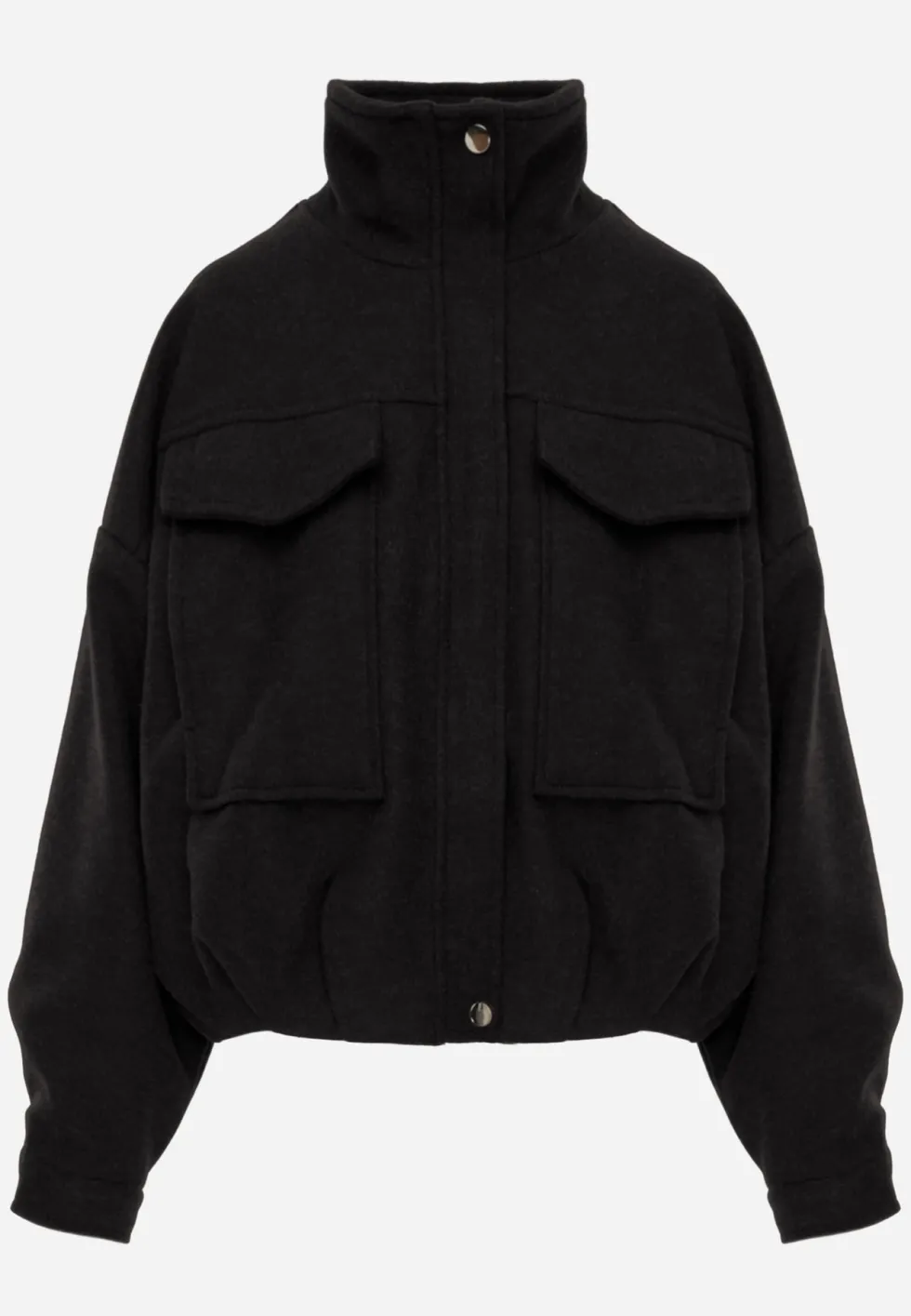 Czarna Kurtka Przejściowa Bomber Jacket ze Stójką z Tkaniny Flauszowej z Wiskozą Havenitta