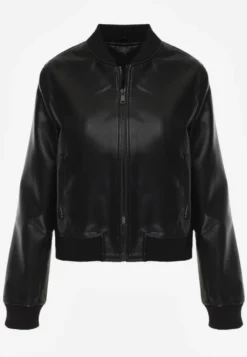 Czarna Kurtka Przejściowa Typu Bomber Jacket z Imitacji Skóry Izaria