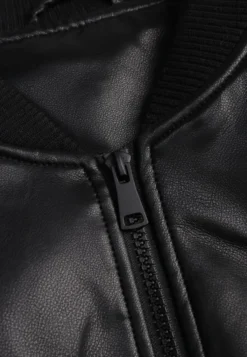 Czarna Kurtka Przejściowa Typu Bomber Jacket z Imitacji Skóry Izaria