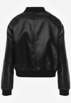Czarna Kurtka Przejściowa Typu Bomber Jacket z Imitacji Skóry Izaria