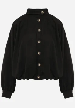 Czarna Kurtka Przejściowa w Stylu Preppy o Fasonie Bomberki z Guzikami Zirafena