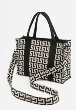 Czarna Materiałowa Torebka Shopper w Geometryczny Wzór z Rączkami i Paskiem Athera