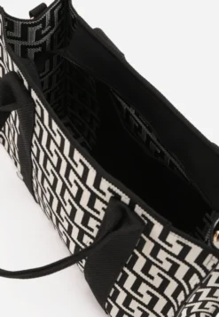 Czarna Materiałowa Torebka Shopper w Geometryczny Wzór z Rączkami i Paskiem Athera