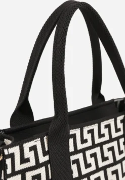 Czarna Materiałowa Torebka Shopper w Geometryczny Wzór z Rączkami i Paskiem Athera
