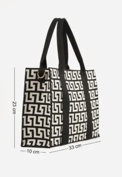 Czarna Materiałowa Torebka Shopper w Geometryczny Wzór z Rączkami i Paskiem Athera