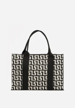 Czarna Materiałowa Torebka Shopper w Geometryczny Wzór z Rączkami i Paskiem Athera