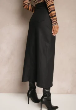 Czarna Midi Spódnica High Waist z Guzikiem i Kieszeniami oraz Suwakiem Navitta