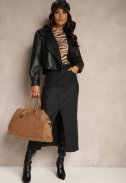 Czarna Midi Spódnica High Waist z Guzikiem i Kieszeniami oraz Suwakiem Navitta