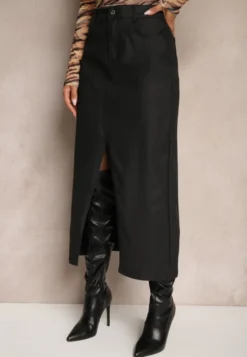 Czarna Midi Spódnica High Waist z Guzikiem i Kieszeniami oraz Suwakiem Navitta