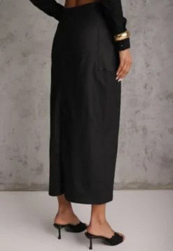 Czarna Ołówkowa Spódnica Midi High Waist z Imitacji Skóry Adaulfo