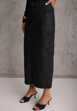 Czarna Ołówkowa Spódnica Midi High Waist z Imitacji Skóry Adaulfo