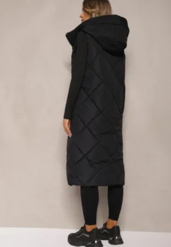 Czarna Pikowana Kamizelka na Suwak z Kapturem i Kołnierzem Mivovia