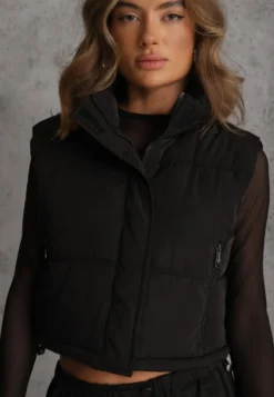 Czarna Pikowana Kamizelka Puffer o Kroju Crop Tadrel