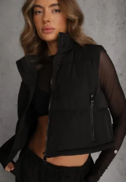 Czarna Pikowana Kamizelka Puffer o Kroju Crop Tadrel