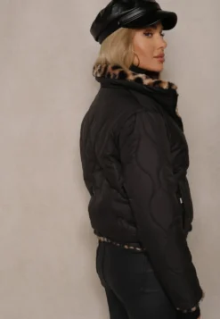 Czarna Pikowana Kurtka Puffer Dwustronna z Futerkiem w Panterkowy Wzór Tinnathra