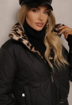 Czarna Pikowana Kurtka Puffer Dwustronna z Futerkiem w Panterkowy Wzór Tinnathra