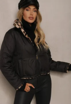Czarna Pikowana Kurtka Puffer Dwustronna z Futerkiem w Panterkowy Wzór Tinnathra