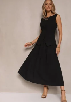 Czarna Rozkloszowana Spódnica z Bawełną High Waist Katavira