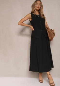 Czarna Rozkloszowana Spódnica z Bawełną High Waist Katavira