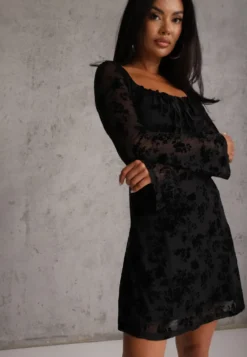 Czarna Siateczkowa Sukienka w Kwiaty o Rozkloszowanym Kroju z Wiązaniem Kolete
