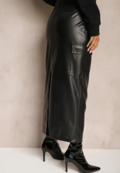 Czarna Spódnica High Waist z Imitacji Skóry o Dopasowanym Kroju z Kieszeniami z Klapą Firissa