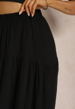 Czarna Spódnica Maxi Rozkloszowana z Ozdobną Tasiemką z Koronki Rionette