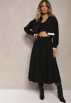 Czarna Spódnica o Rozkloszowanym Kroju High Waist z Paskiem i Imitacją Kieszeni Rivivia