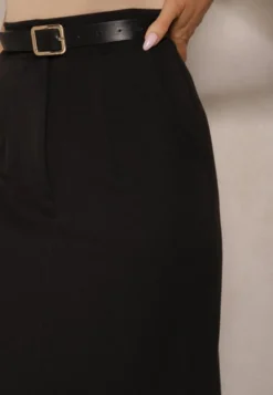 Czarna Spódnica Ołówkowa z Wiskozą High Waist z Rozcięciem Semivinia