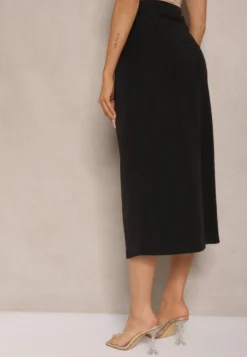 Czarna Spódnica Ołówkowa z Wiskozą High Waist z Rozcięciem Semivinia