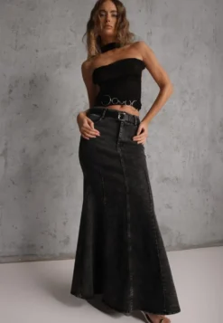 Czarna Spódnica Syrenka z Bawełny Jeansowa High Waist z Paskiem Appala