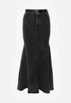 Czarna Spódnica Syrenka z Bawełny Jeansowa High Waist z Paskiem Appala
