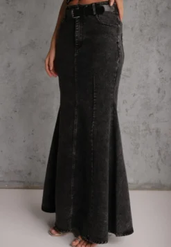 Czarna Spódnica Syrenka z Bawełny Jeansowa High Waist z Paskiem Appala
